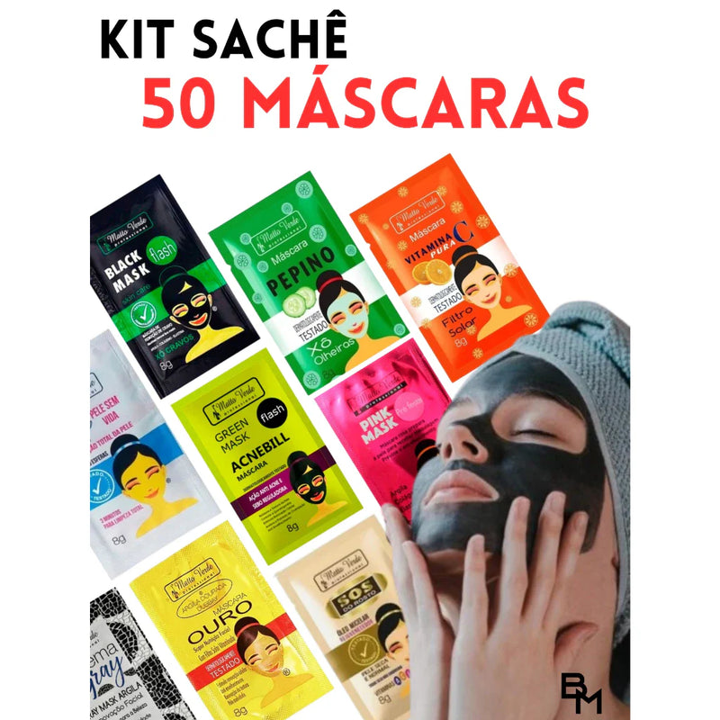 Kit com 50 Unidades  Máscaras Faciais Matto Verde Limpeza Facial Skin Care